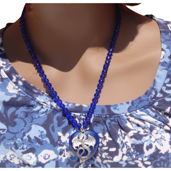 Dragon and Dark Blue Heart Stone Beaded Necklace 1461 - Picture 4 of 6
